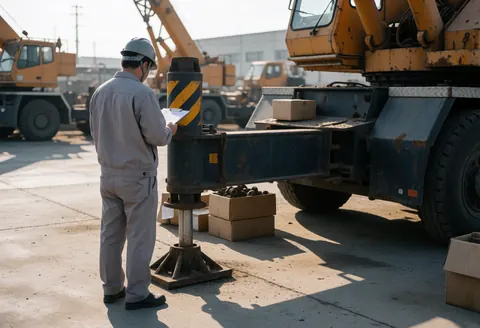 Un technicien en uniforme et casque inspecte une grue jaune dans une cour avec des caisses et des ombres.