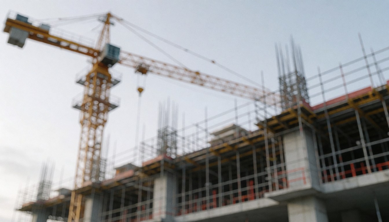 Fond de chantier avec grue jaune et échafaudages, idéal pour textes commerciaux. Bâtiment en phase de construction avec structure métallique et poutres en acier.