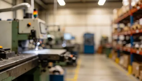 Arrière-plan d'atelier industriel avec machines et étagères floues, éclairage chaud, idéal pour textes commerciaux.