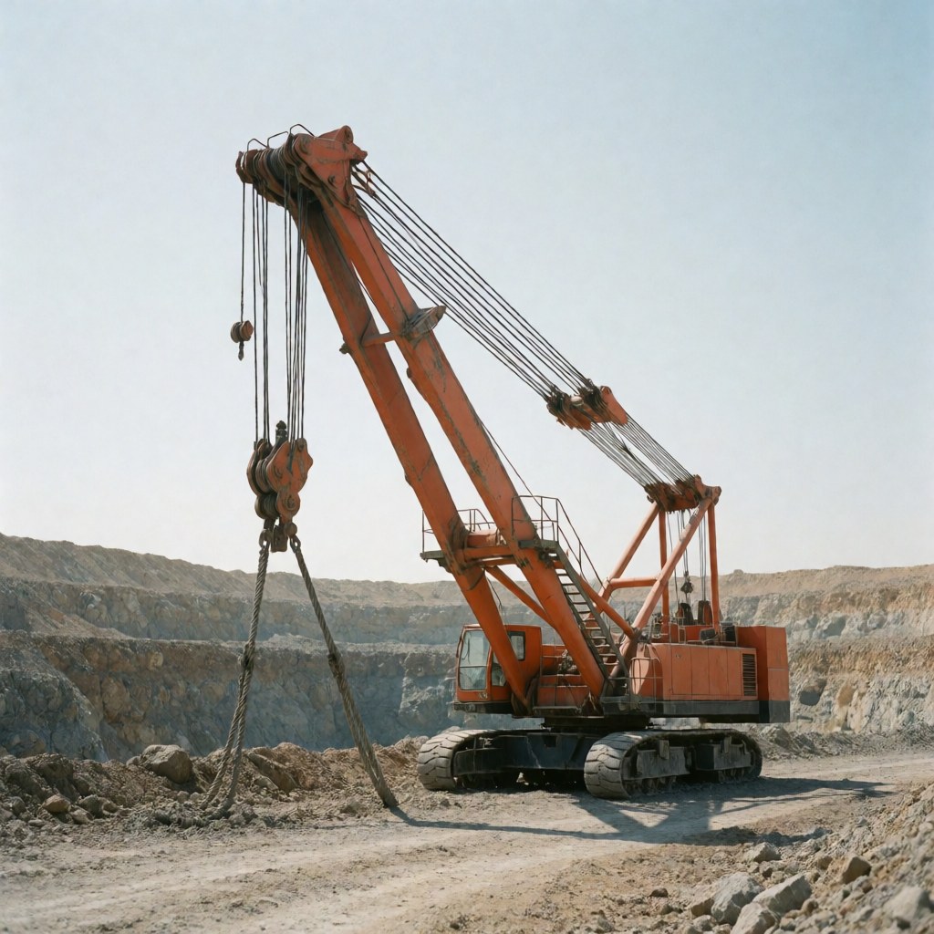 Grue de chantier orange visible avec ses câbles, utilisée dans une mine à ciel ouvert pour le transport de matériaux et équipements lourds.