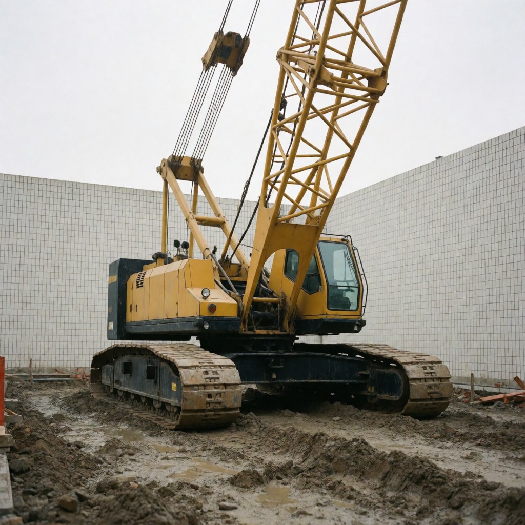 Grue de construction jaune sur roues posée sur un sol boueux avec un mur de carreaux blancs en arrière-plan sous un ciel nuageux.