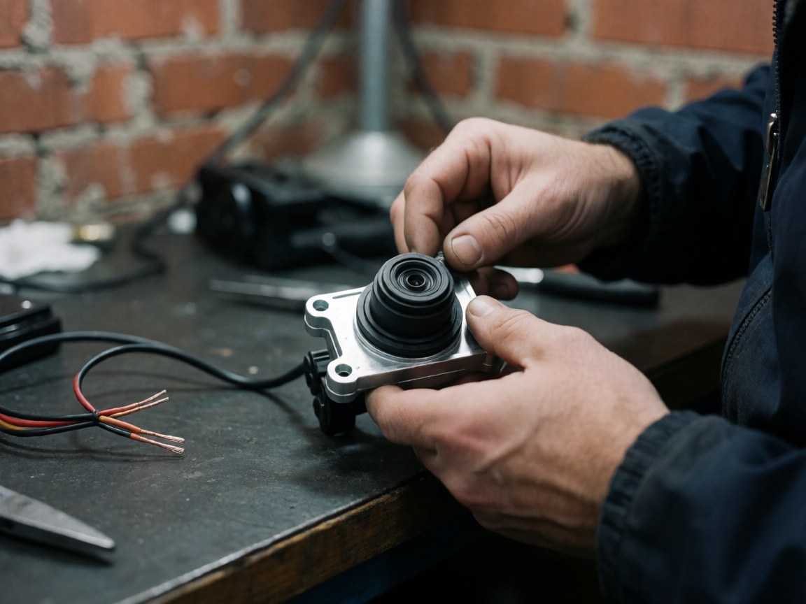 Une main ajuste un anneau d'étanchéité noir sur une caméra de recul, posée sur une table de travail avec des câbles et des outils, devant un mur en briques rouges.