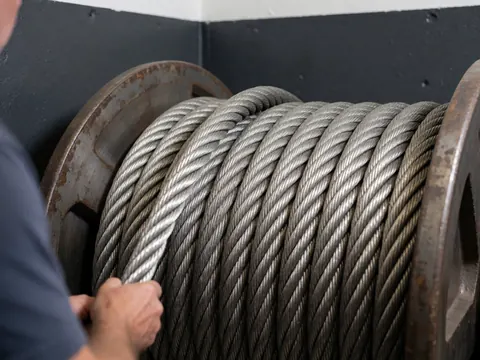 Gros câble d'acier enroulé sur une bobine, main effectuant un ajustement, fond gris industriel, détail technique, outil lourd, travail manuel robuste, métal brillant et texture métallique, équipement de grue.