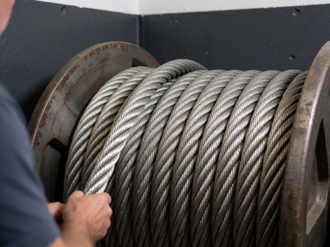 Gros câble d'acier enroulé sur une bobine, main effectuant un ajustement, fond gris industriel, détail technique, outil lourd, travail manuel robuste, métal brillant et texture métallique, équipement de grue.