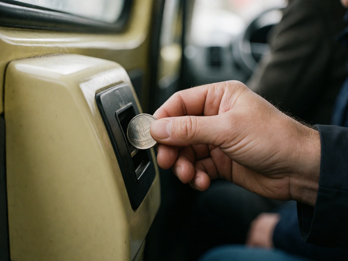 Gros plan réaliste d'une main adulte déposant une pièce dans la fente de la caisse de paiement à bord d'un véhicule de transport public.