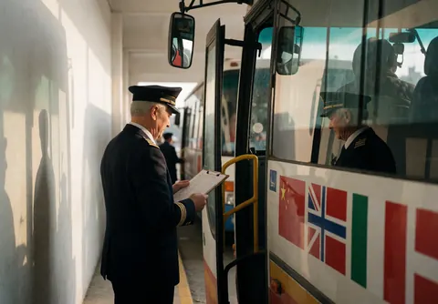 Un chauffeur d'autocar de tourisme consulte une liste de passagers sur une tablette, avec des drapeaux nationaux visibles, stationné à une terminal au coucher du soleil.