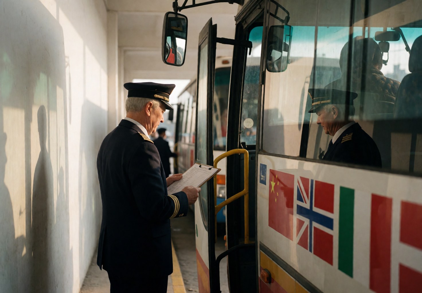 Un chauffeur d'autocar de tourisme consulte une liste de passagers sur une tablette, avec des drapeaux nationaux visibles, stationné à une terminal au coucher du soleil.