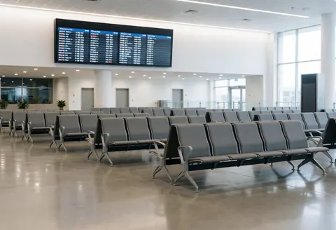 Intérieur vide d'une gare routière contemporaine comportant des rangées de sièges gris, un sol poli réfléchissant et un grand écran digital indiquant les horaires de départ.