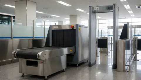 Fond professionnel d'un terminal de bus avec détecteur de métaux et tapis roulant. Sol poli, éclairage fluorescent et environnement propre sans personnes.