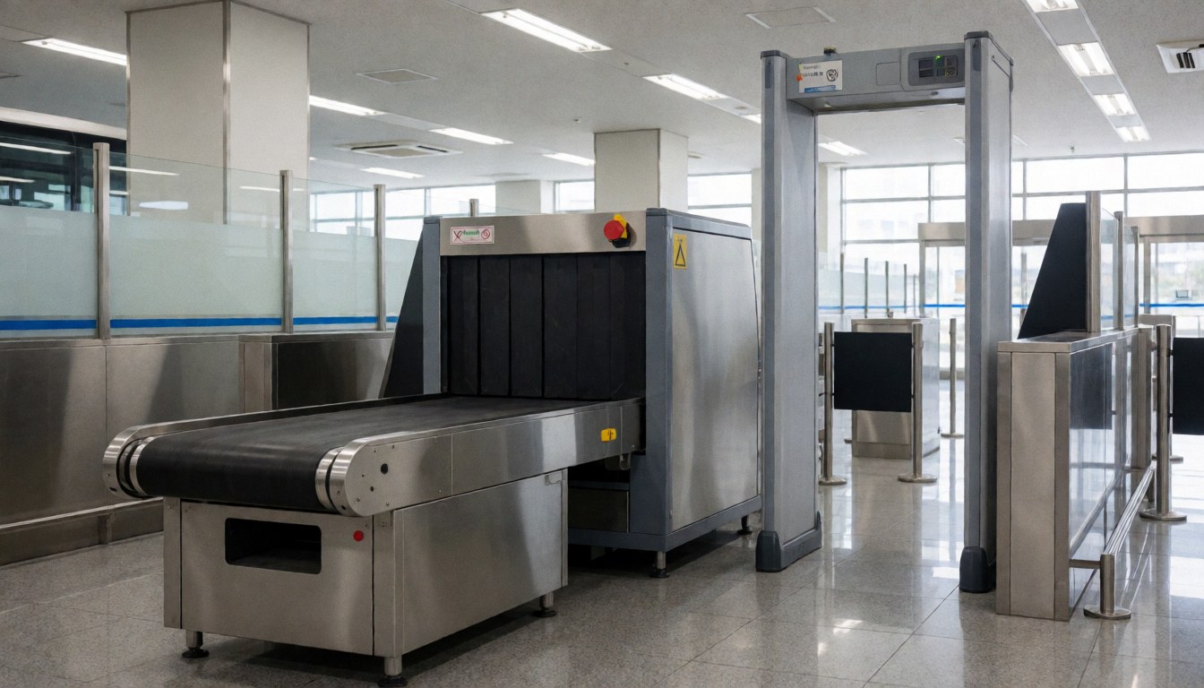 Fond professionnel d'un terminal de bus avec détecteur de métaux et tapis roulant. Sol poli, éclairage fluorescent et environnement propre sans personnes.