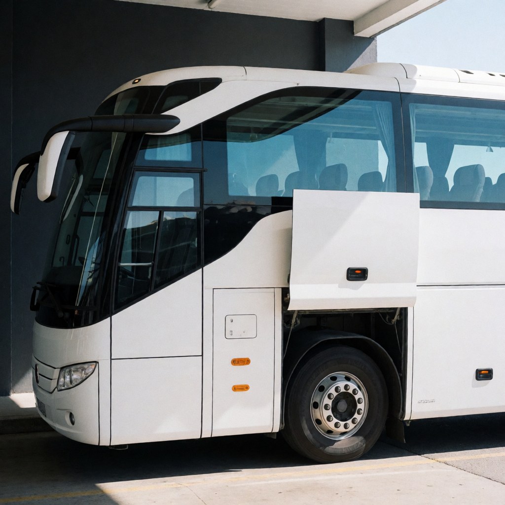 Un bus touristique blanc est stationné dans un terminal aux murs gris. Les vitres teintées et les roues sont visibles sous la lumière du soleil.