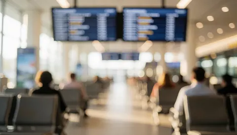 Vue floue d'un terminal de bus avec des écrans d'affichage et des sièges vides, servant de fond calme pour du texte sur les voyages.