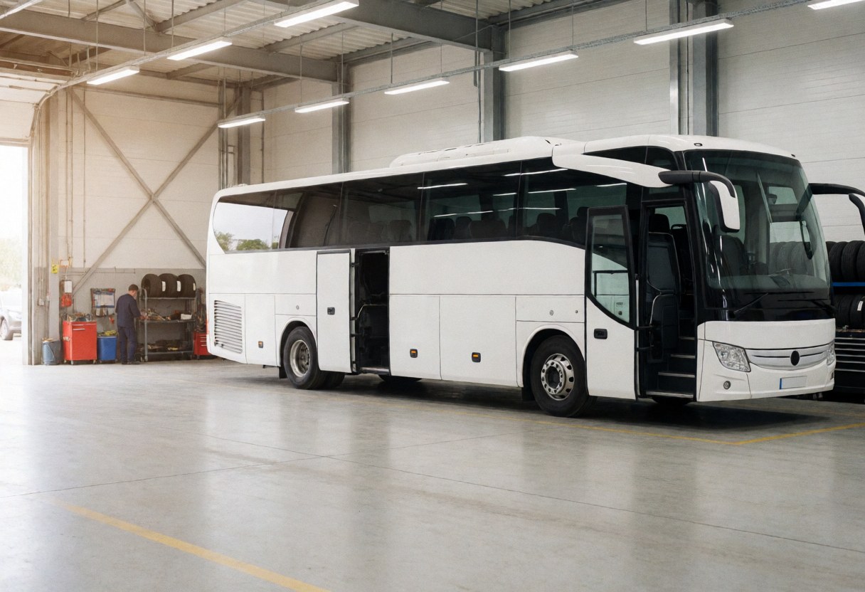 Un autocar touristique blanc stationné dans un atelier de maintenance. Un mécanicien travaille au fond, entouré d'outils et de pneus. Le lieu est propre avec une illumination industrielle.