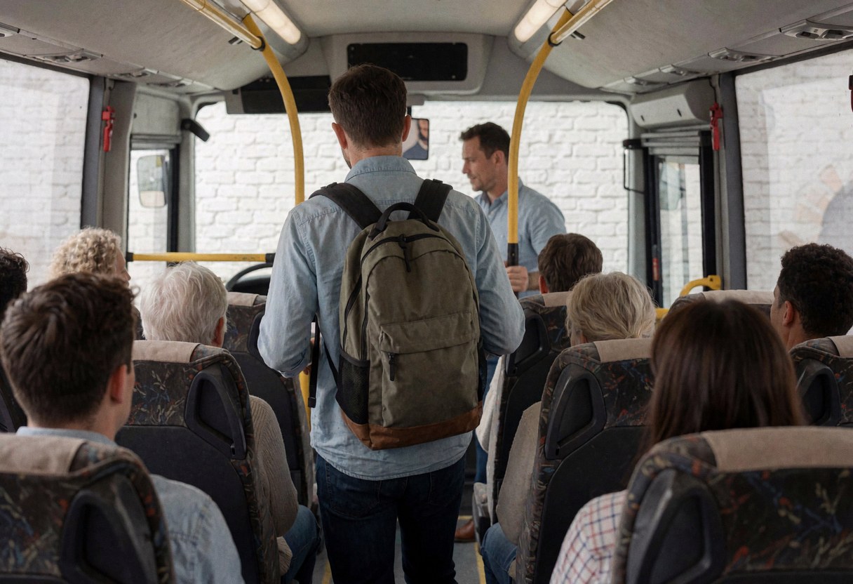 Un voyageur équipé d'un sac à dos monte dans un autocar. Un guide l'assiste. Des sièges et des murs en briques blanches sont visibles dans l'habitacle.