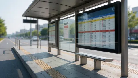 Arrêt de bus moderne et vide doté d'un écran numérique, d'un banc métallique et d'un sol carrelé gris sous un éclairage naturel.