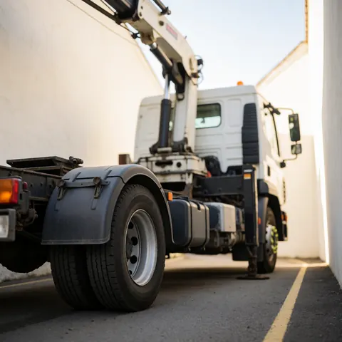 Un camion-grue blanc est garé dans une rue avec des murs blancs et une lumière vive, idéal pour les services de remorquage.