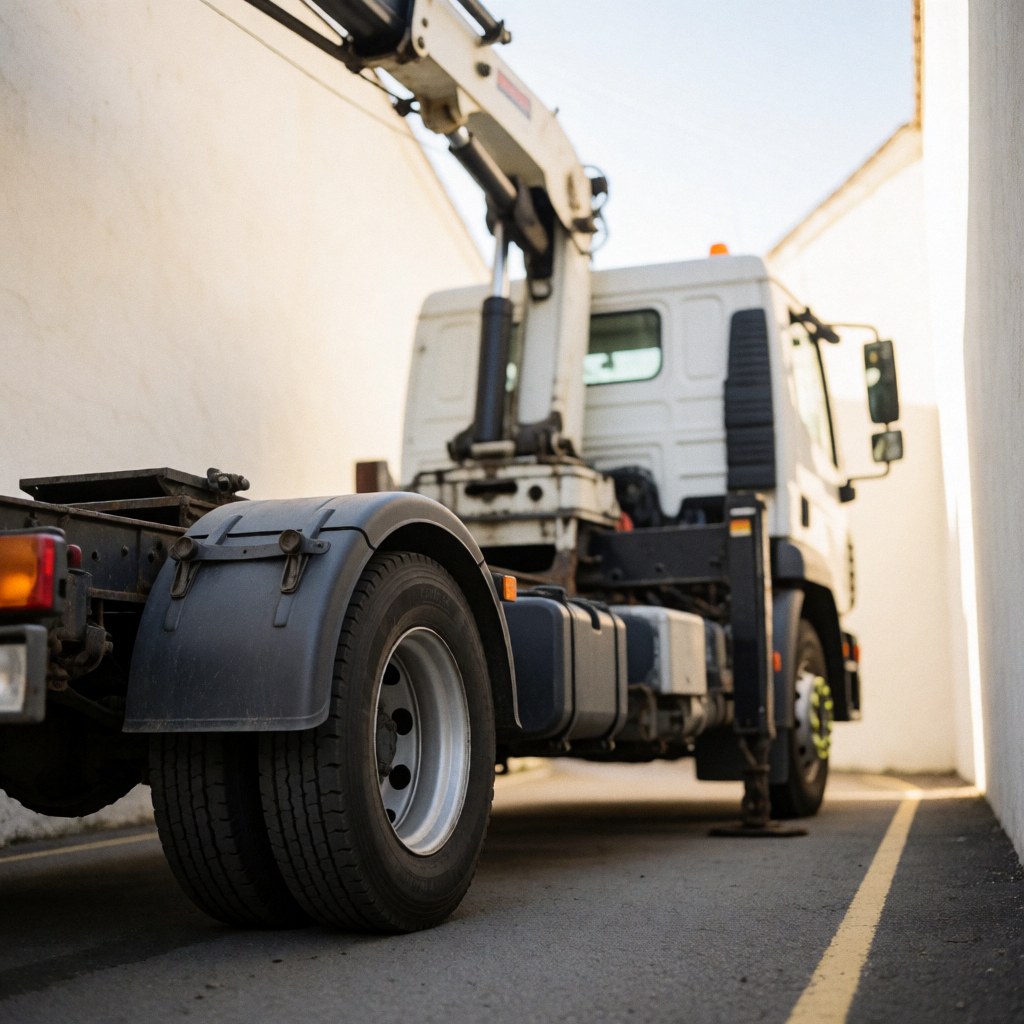 Un camion-grue blanc est garé dans une rue avec des murs blancs et une lumière vive, idéal pour les services de remorquage.