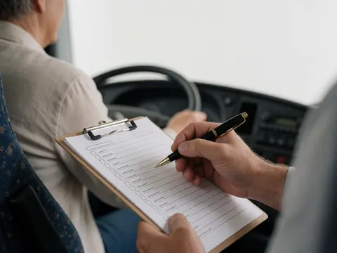 Gros plan d'une main tenant un classeur avec une liste de vérification à l'intérieur d'un autocar, le volant et le tableau de bord étant flous en arrière-plan.