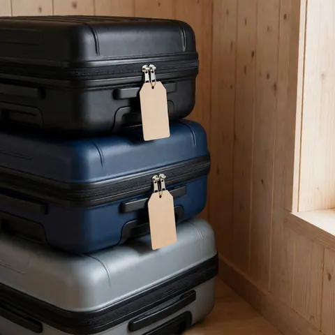 Trois valises rigides empilées, une noire, une bleue et une grise, munies d'étiquettes en papier marron, posées sur un mur en bois clair éclairé par une lumière naturelle latérale.