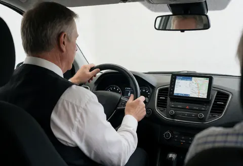 Conducteur de transport public consultent une carte GPS sur le tableau de bord avec les mains sur le volant dans un intérieur professionnel baigné de lumière naturelle.