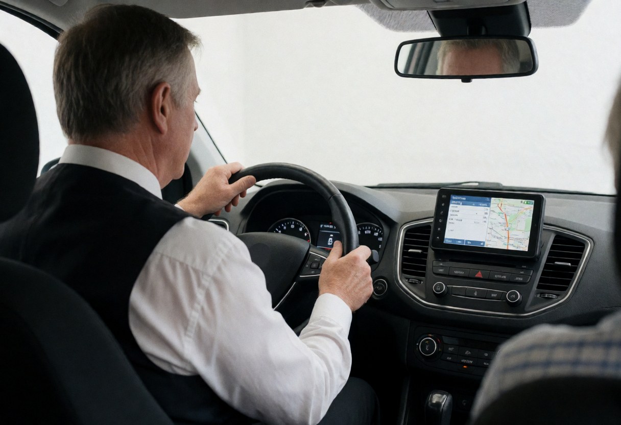 Conducteur de transport public consultent une carte GPS sur le tableau de bord avec les mains sur le volant dans un intérieur professionnel baigné de lumière naturelle.