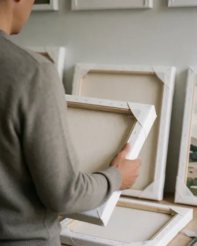Une cliente dans un studio d'art observe des œuvres au mur tout en tenant un tableau à cadre blanc, mettant en valeur le produit final dans une ambiance chaleureuse et professionnelle.