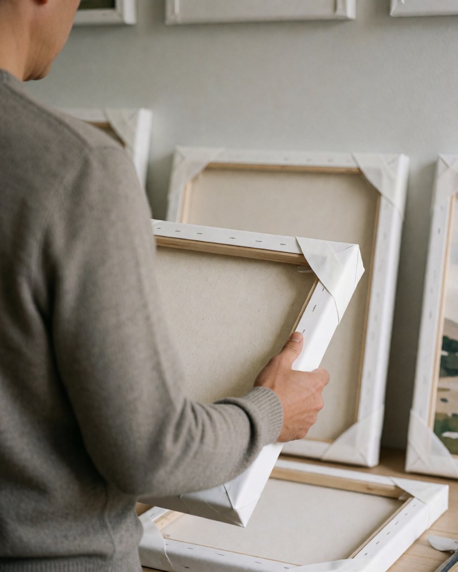 Une cliente dans un studio d'art observe des œuvres au mur tout en tenant un tableau à cadre blanc, mettant en valeur le produit final dans une ambiance chaleureuse et professionnelle.