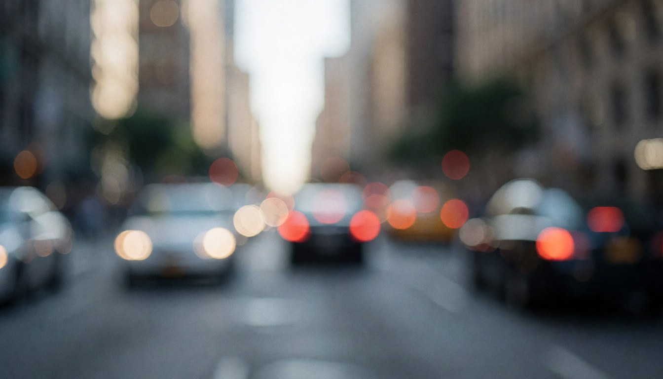Fond urbain avec des lumières de voitures floues, des bâtiments flous, des tons gris et bleus, idéal pour ajouter du texte sur un site web.