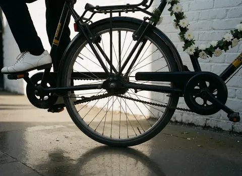 Chaussure blanche posée sur la pédale d'un vélo-taxi noir orné de fleurs blanches, près d'un mur en briques blanches.