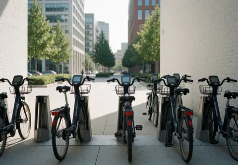 Station de vélos urbains modernes, rangées et prêtes à l'emploi, avec roues, paniers et écrans numériques, dans un cadre urbain avec bâtiments et arbres.