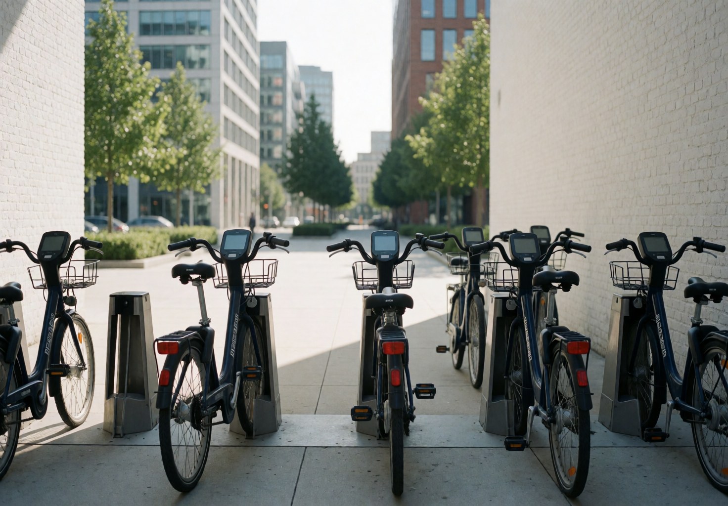 Station de vélos urbains modernes, rangées et prêtes à l'emploi, avec roues, paniers et écrans numériques, dans un cadre urbain avec bâtiments et arbres.