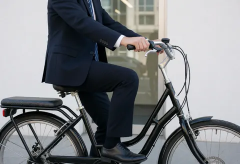 Un homme vêtu d'un costume noir roule sur un vélo cargo devant un bâtiment de bureaux au matin.