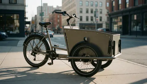 Vélo cargo robuste avec caisse métallique stationné sur un trottoir urbain, éclairage du matin, immeubles en arrière-plan, idéal pour le transport écologique en ville.