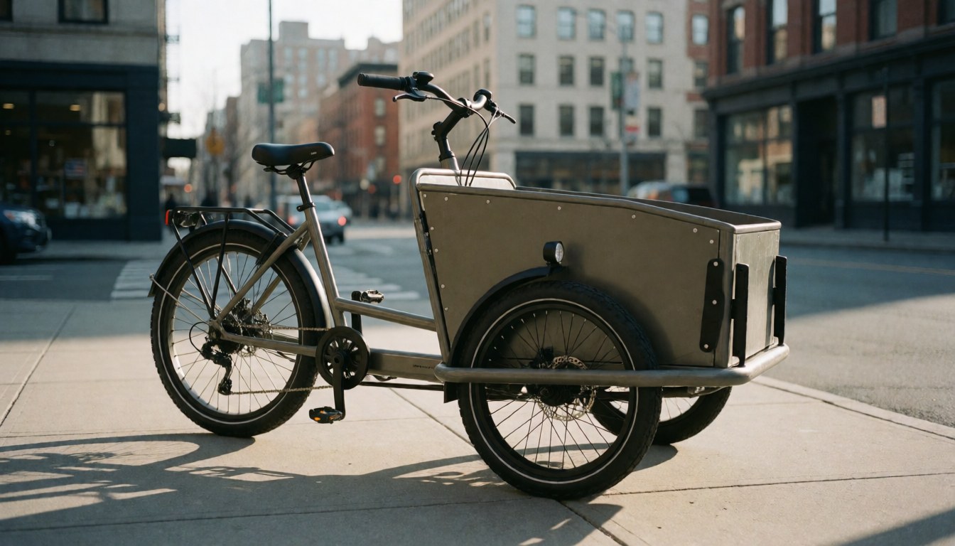 Vélo cargo robuste avec caisse métallique stationné sur un trottoir urbain, éclairage du matin, immeubles en arrière-plan, idéal pour le transport écologique en ville.