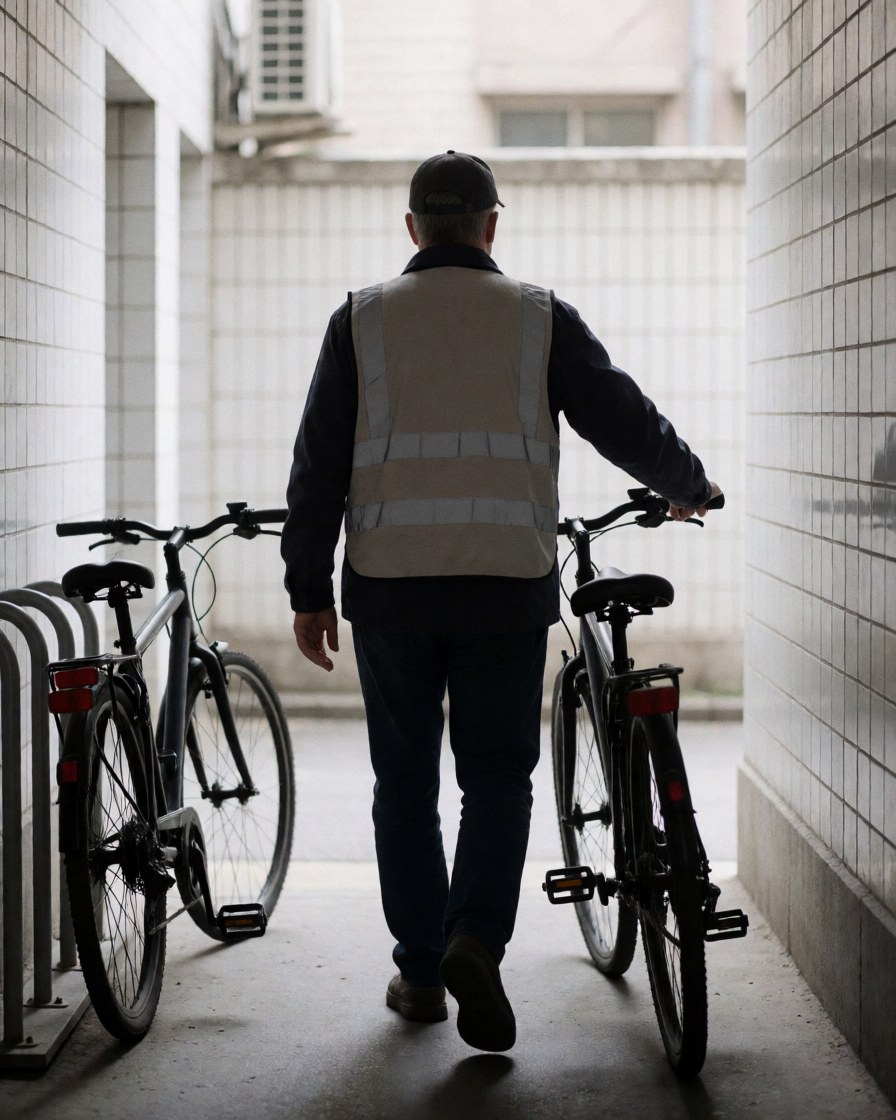 Cycliste professionnel avec son vélo sur un support en ville, vêtement réfléchissant, murs de carreaux blancs, lumière diffuse, ambiance calme.
