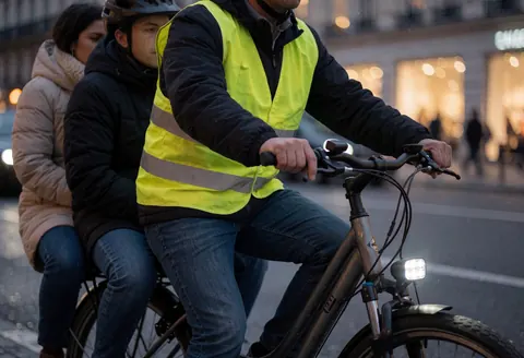 Cycliste portant un gilet réfléchissant et des lumières LED sur un vélo urbain, transportant des passagers à l'arrière, dans un contexte de ville la nuit avec des lumières visibles.