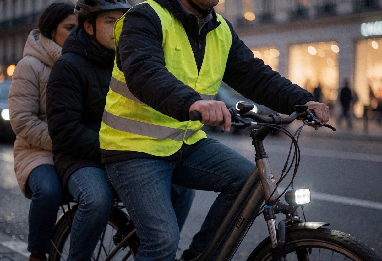 Cycliste portant un gilet réfléchissant et des lumières LED sur un vélo urbain, transportant des passagers à l'arrière, dans un contexte de ville la nuit avec des lumières visibles.