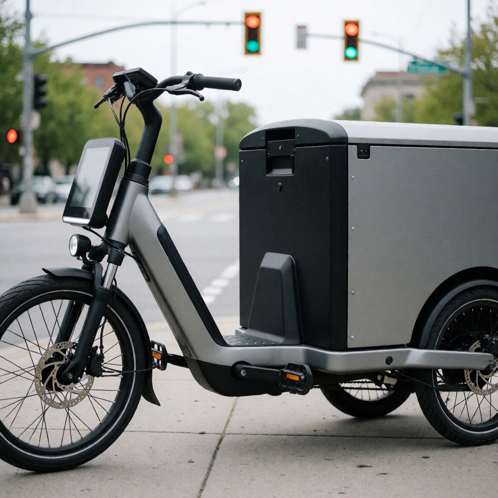 Vélo cargo électrique moderne avec caisse de transport stationné sur un trottoir en milieu urbain, entouré d'infrastructures routières et de circulation.