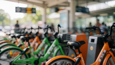 Des bicyclettes orange et verte sont garées sur un site de transport avec un arrière-plan flou, une lumière naturelle et des structures de gare visibles.