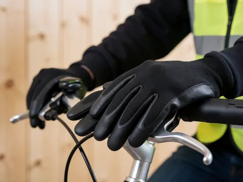 Gants noirs avec coutures posés sur un guidon en bois clair, lumière naturelle, détails de cuir et métal.