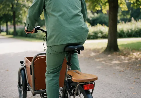 Un cycliste en uniforme vert roule sur un vélo cargo avec siège en bois dans un parc aux arbres flous.