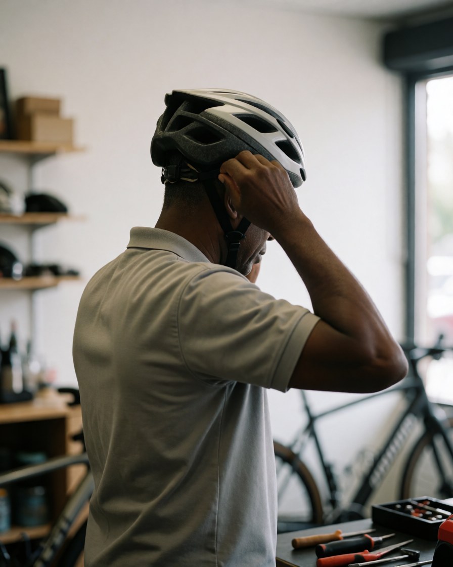 Un cycliste ajuste son casque de sécurité dans un magasin de vélos, avec des outils et des bicyclettes en arrière-plan flou éclairé par la lumière naturelle.