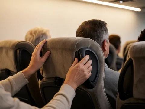 Une main ajuste le repose-tête d'un siège d'autobus lors d'un voyage nocturne, avec une lumière chaude et une texture de tissu visible.