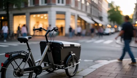 Vélo cargo avec une grande boîte noire garé sur le trottoir, fond flou avec des lumières chaudes de commerces et des piétons indistincts.