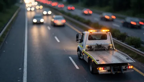 Un remorqueur blanc aux feux jaunes circulant sur une route nocturne avec un flou artistique des lumières des voitures et un asphalte sombre.