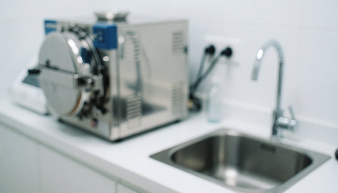 Arrière-plan stérile avec un autoclave métallique et un évier, idéal pour les tatouages. Surface propre, éclairage froid, ambiance professionnelle sans personnes.