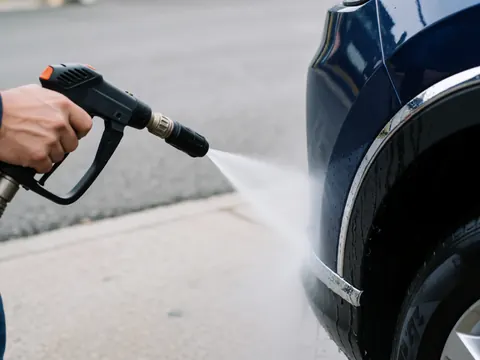 Une main tient un pistolet à eau qui rince le pare-chocs d'une voiture bleu foncé sur un fond flou d'asphalte et de béton.
