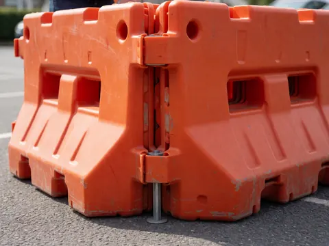 Des barrières de sécurité en plastique orange sont disposées sur l'asphalte d'un parking pour délimiter une zone, avec une fixation métallique visible au premier plan.