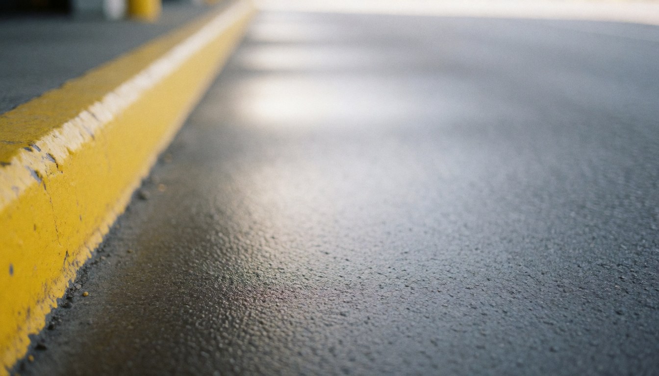 Vue de bordure peinte en jaune sur un parking en asphalte humide reflétant la lumière naturelle, offrant un fond neutre et professionnel pour insérer du texte commercial.