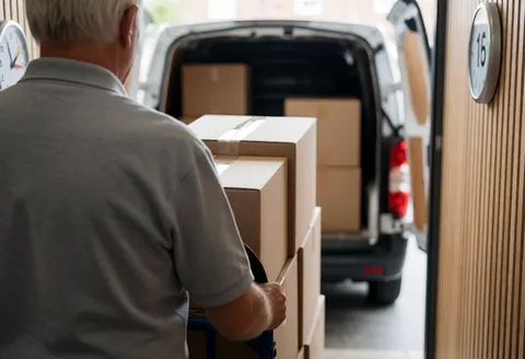 Un homme pousse un chariot chargé de cartons vers un camion ouvert dans un parking, illustrant le travail physique et l'organisation logistique.